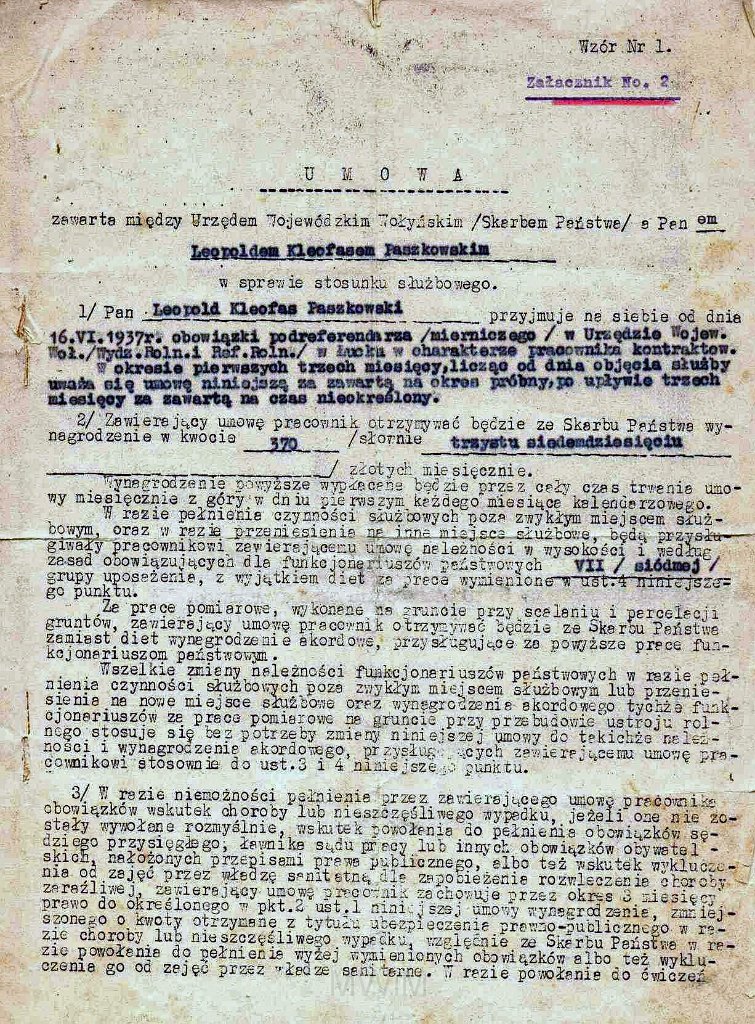 KKE 5951-1.jpg - Dok. Umowa o pracę zawarta między Urzędem Województwa Wołyńskiego a Leopoldem Kleofasem Paszkowskim, Łuck, 19 VI 1937 r.